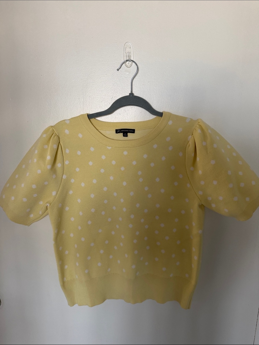 Adrianna Papell Yellow Polka Dot Puff Sleeve Sweater Top